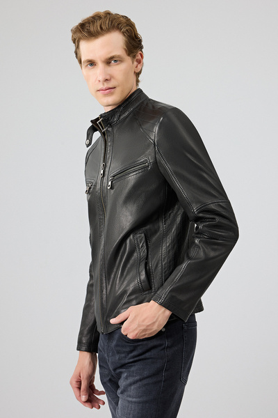 Derimod Jefferson Erkek Siyah Hakim Yaka Slim-Fit Deri Ceket 25WGF6584WF