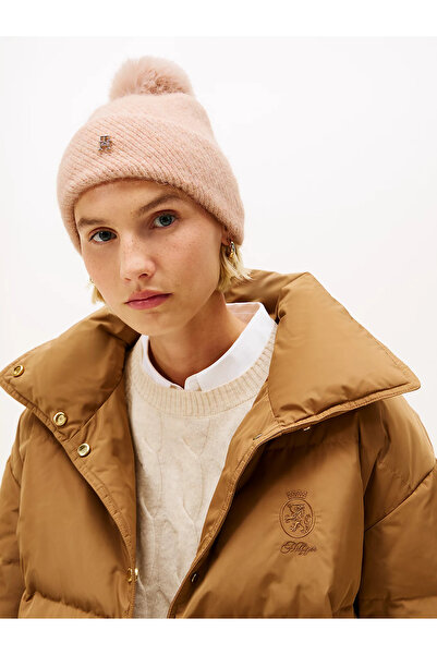 Tommy Hilfiger Kadın TH Metalik Logolu Üstü Ponponlu Esnek Yün Karışımlı Örgü Pembe Bere AW0AW17855-TQ6