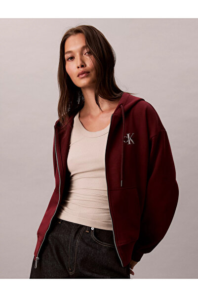 Calvin Klein Kadın Kapşonlu Yaka Fermuarlı Uzun Kollu Kırmızı Sweatshirt LV047B270G-WCV