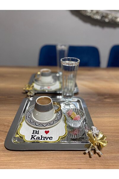 StarStalıa Coffee Side Napkin Holder with Embroidered Coffee Text on Natural Linen, 15X15 Cm, Dowry Box, Stylish Presentation Box