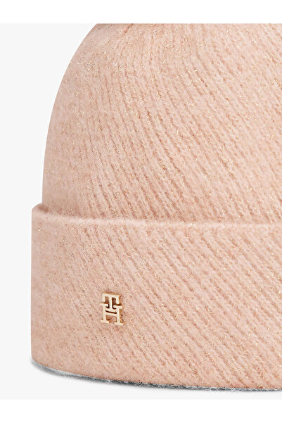 Tommy Hilfiger Kadın TH Metalik Logolu Üstü Ponponlu Esnek Yün Karışımlı Örgü Pembe Bere AW0AW17855-TQ6