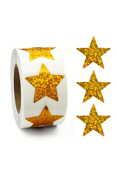 hdcw 500 ADET 2.5cm RULO YAPIŞKANLI HOLOGRAFİK SARI YILDIZ STICKER ETİKET HEDİYE PAKETLEME