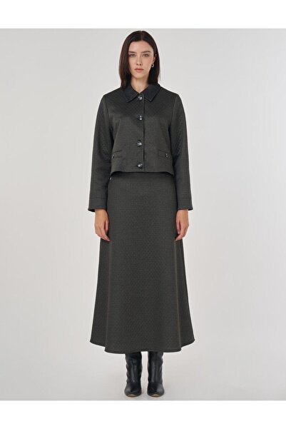 Kayra Embossed Pattern Skirt Suit Khaki