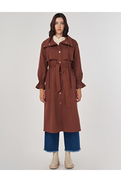 KYR Bilek Detaylı Uzun Trençkot Kahve