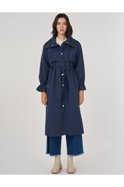 KYR Bilek Detaylı Uzun Trençkot Koyu Lacivert