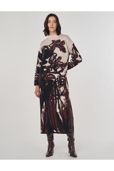 Kayra Abstract Pattern Knitwear Dress Dark Brown