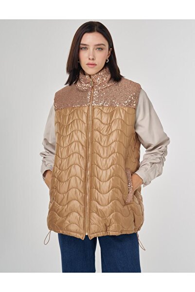 Kayra Sequin Detailed Inflatable Vest Camel