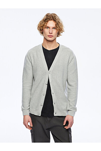 LC Waikiki Γκρι ανδρική ζακέτα πλεκτή με λαιμόκοψη V σε κανονική γραμμή