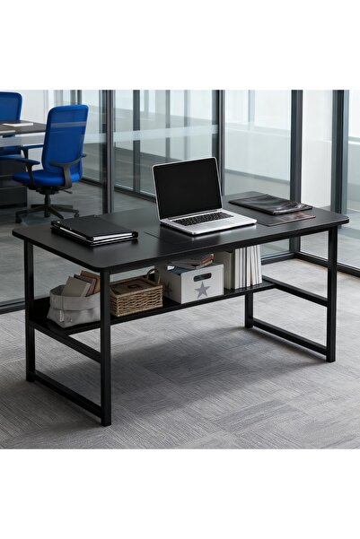 Aralifes Modern Computer Desk Gaming Table with Storage Shelves - Hardwood and Metal Study Desk