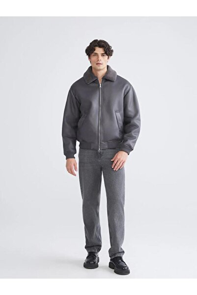 LC Waikiki Plush Collar Men's Leather Look Coat (W5)