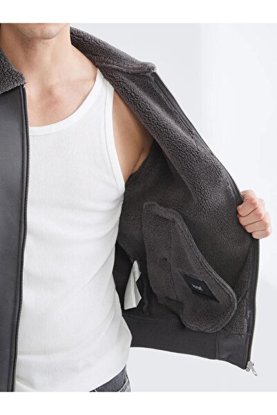 LC Waikiki Plush Collar Men's Leather Look Coat (W5)