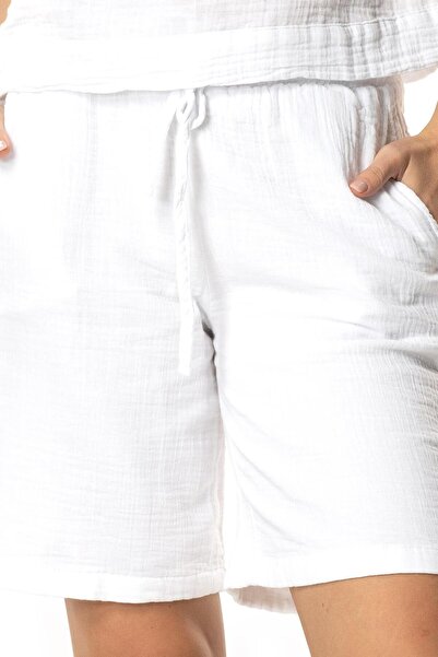 Eliş Şile Bezi Μακρύ καλοκαιρινό σορτς μουσελίνας με κορδόνια με πέρλες Λευκό Byz