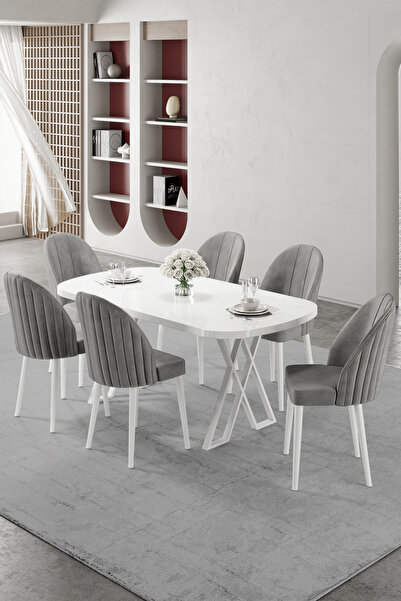 Canisa Kaye Serisi Mdf 90x168 Beyaz Mutfak Masası Takımı 6 Gri Sandalye