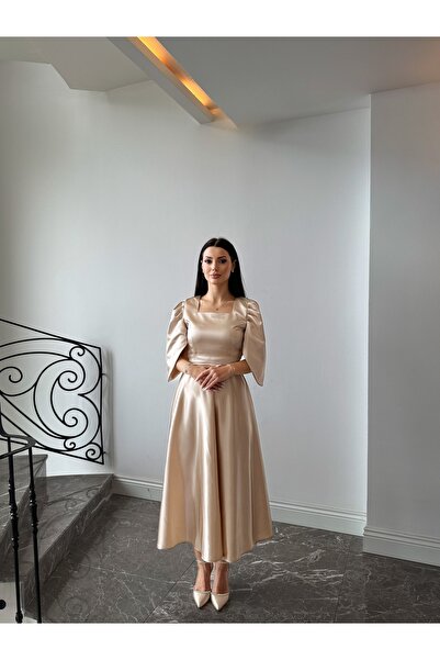 Dilarabulut Ranella Midi Boy Kloş Etek Kısa Kol Saten Abiye