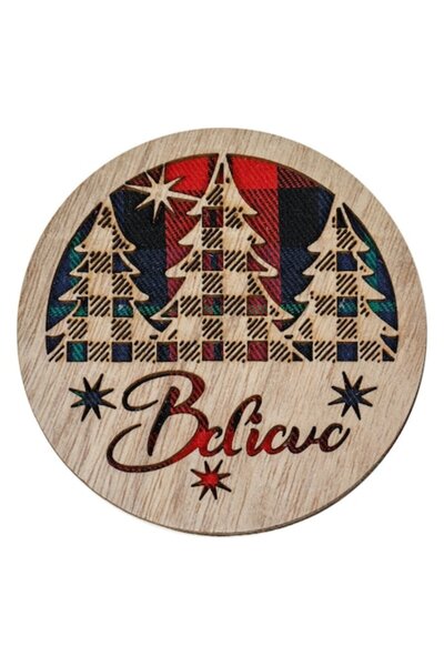 SHOPIENS Christmas Coaster Tree Pattern 'Believe', Multicolor, Wood, 10cm