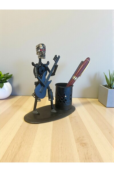 HEDİYE FİKRİ حامل أقلام معدني على شكل جمجمة وشكل جيتار - منظم سطح المكتب (14 × 16 سم)