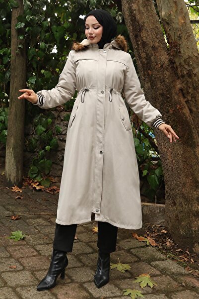 Missvalle Шуба з хутряним коміром і шнурівкою на талії, бежева 19269