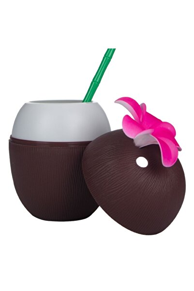 SHOPIENS 3D Plastic Cup, Coconut Shape, 0.65 L, Green Straw, Fuchsia Flower - MYONNA IT & E-COMMERCE