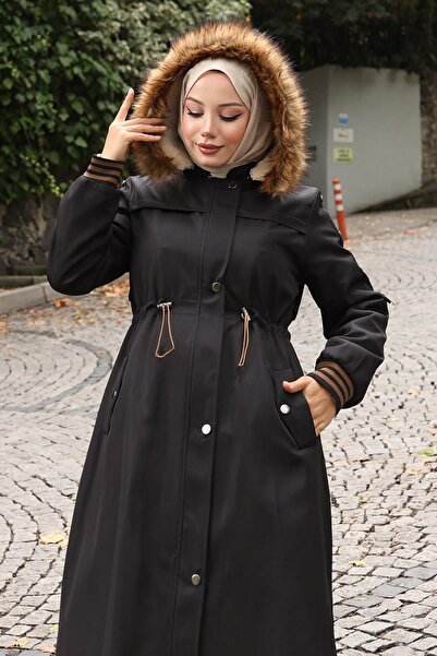 Missvalle Шуба з хутряним коміром і шнурівкою на талії, чорна 19269