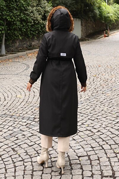 Missvalle Γούνινο παλτό με κορδόνια στη μέση μαύρο 19269