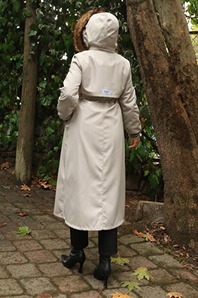 Missvalle Γούνινο παλτό με κορδόνια στη μέση μπεζ 19269