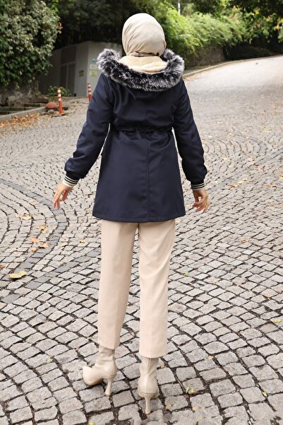 Missvalle Zippered Hooded Coat Navy Blue 19270