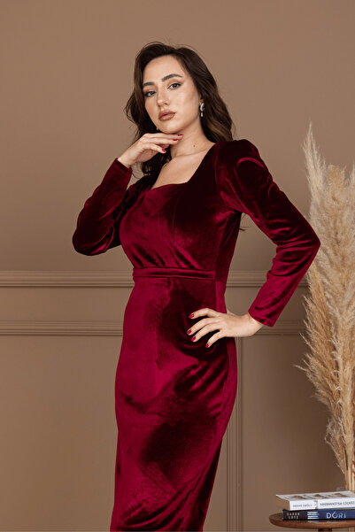 BEYBOS Kadife Kumaş Kare Yaka Elbise - BORDO