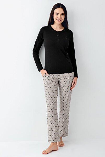 Pierre Cardin Kadın Siyah Düğmeli Uzunkol Mevsimlik Pijama Takım, %50 pamuk %50 modal