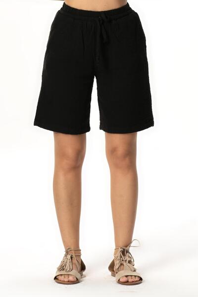 Eliş Şile Bezi Pearl Tie-Up Long Summer Muslin Shorts Black Syh