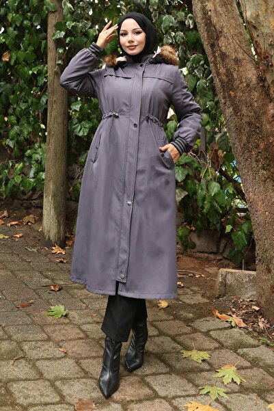 Missvalle Шуба з хутряним коміром і поясом, сіра 19269