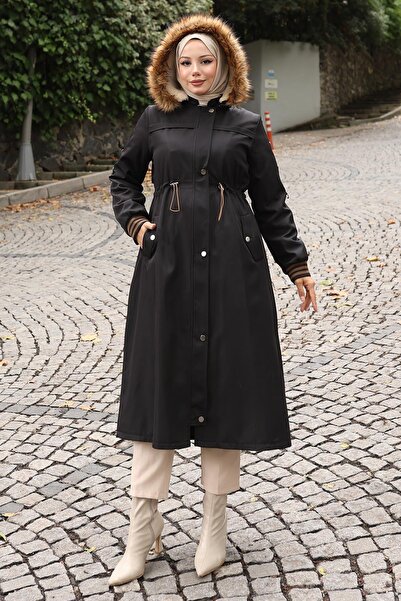 Missvalle Шуба з хутряним коміром і шнурівкою на талії, чорна 19269