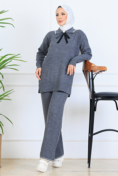 benguen Πλεκτό σετ με λεπτομέρεια κορδέλας στο λαιμό S1064 Ανθρακί