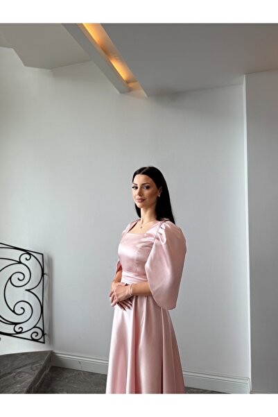 Dilarabulut Ranella Midi Boy Kloş Etek Kısa Kol Saten Abiye