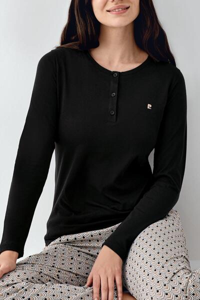 Pierre Cardin Kadın Siyah Düğmeli Uzunkol Mevsimlik Pijama Takım, %50 pamuk %50 modal