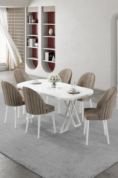 Canisa Kaye Serisi Mdf 90x168 Beyaz Mutfak Masası Takımı 6 Cappucino Sandalye