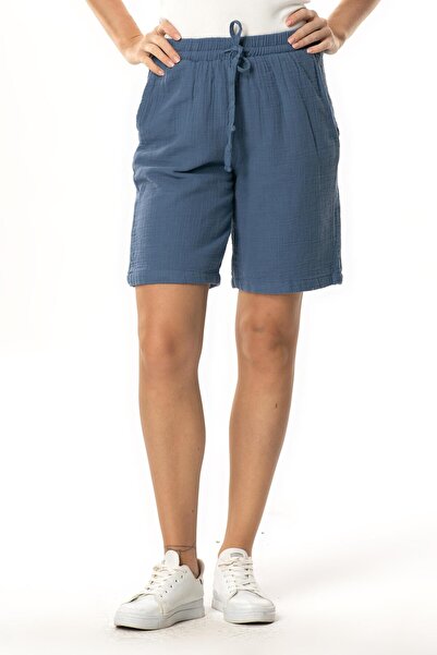 Eliş Şile Bezi Pearl Tie-Up Long Summer Muslin Shorts Indigo Indg