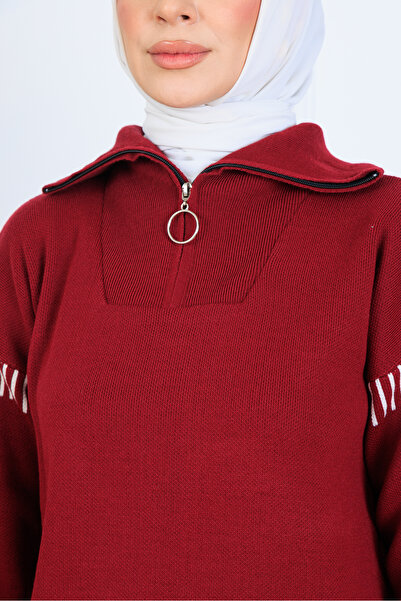 benguen Zippered Collar Stripe Detail Knitwear Set S1061 Claret Red