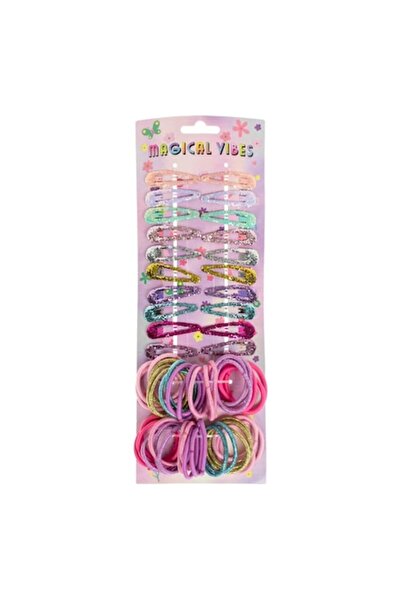 SHOPIENS Set Hair Accessories, Multicolor, 60 Pieces - Glitter Metal Clips and Elastics for Girls