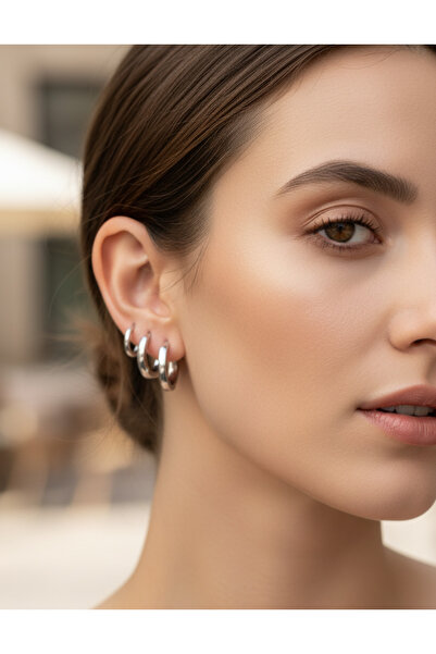 OEM 3'lü Paslanmaz Çelik Basic Halka Küpe Seti - Gümüş Renk