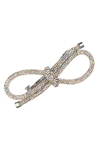 SHOPIENS Agrafă de păr cu fundă și șnur, pietre iridescente, alb, 11 cm