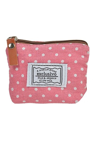 SHOPIENS Textile Wallet 'Exclusivo' Pink with Polka Dots, 11x8 cm, Patch & Zipper