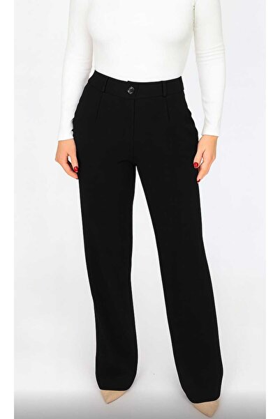 Maison La Femme بنطلون بالازو نسائي من الليكرا بأزرار وخصر عالي وحجم كبير