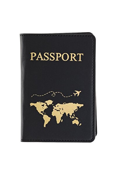 SHOPIENS Passport Cover, Black with Gold Details, 9x13.8cm, PU
