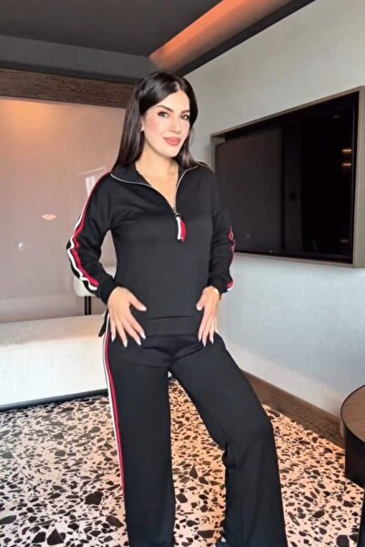 Mossta Zippered Viscose Two Thread Blouse Pants Two Piece Set - Black