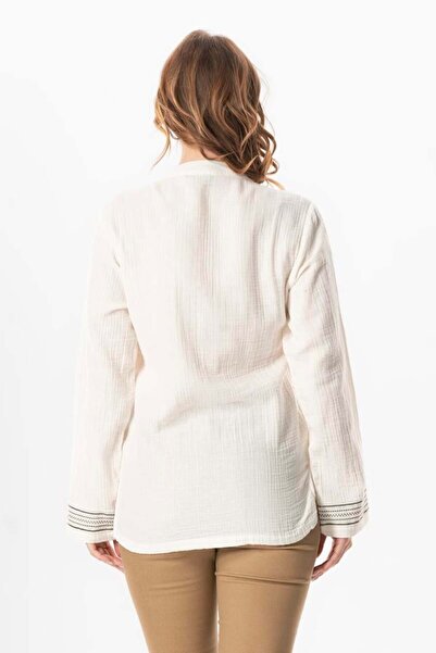 Eliş Şile Bezi Long Sleeve Ibiza Embroidered Women's Muslin Summer T-Shirt Off-White Krkbyz
