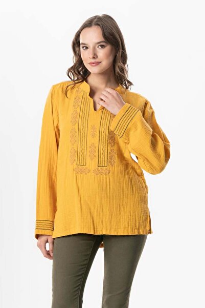 Eliş Şile Bezi Long Sleeve Ibiza Embroidered Women's Muslin Summer T-Shirt Mustard Hrd