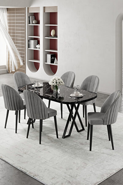 Canisa Kaye Serisi Mdf 90x168 Siyah Mermer Desen Mutfak Masası Takımı 6 Gri Sandalye