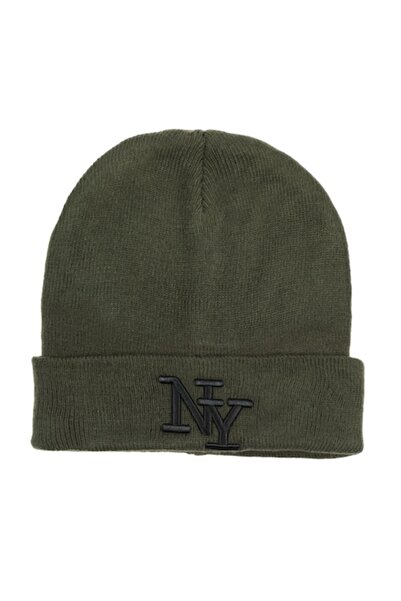SHOPIENS Men's Beanie NY, 3D Embroidered, Khaki, Acrylic