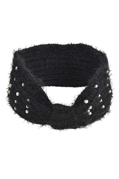 SHOPIENS Bentiță împletită pentru femei cu perle albe, neagră (poliester)