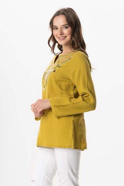 Eliş Şile Bezi Long Sleeve Floral V-Neck Embroidered Muslin Summer Blouse Oil Green Ygysl